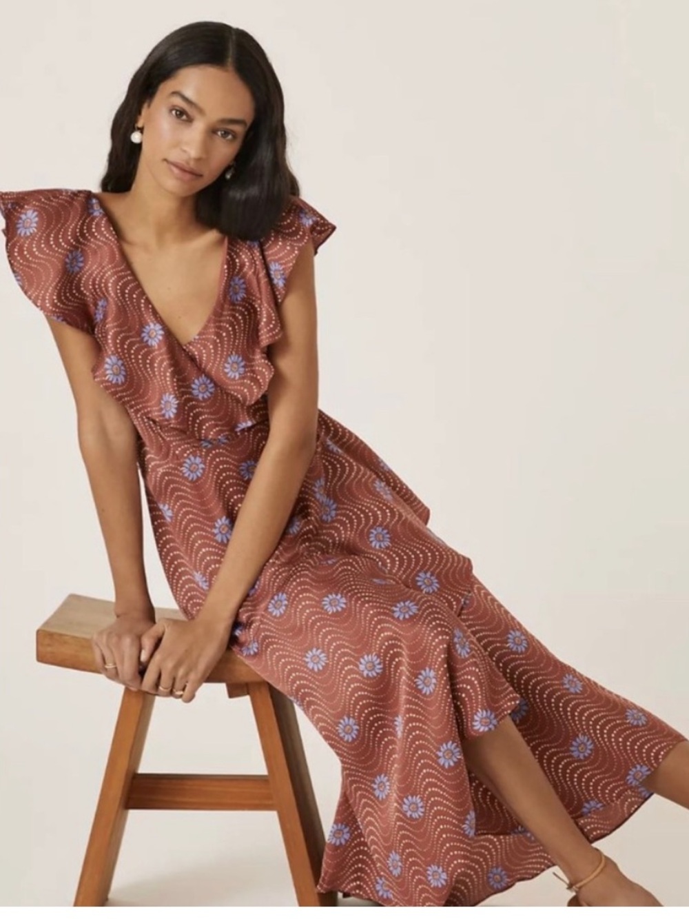 ANTHROPOLOGIE ruffle wrap midi dress brown motif - Picture 2 of 12